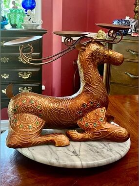Pier 1 Imports Embossed Metal Reindeer Candelabra Candle Holder –SKU 2289974